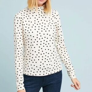 Maeve Anthropologie Polka Dot Blouse in Black and White Turtleneck Sz S